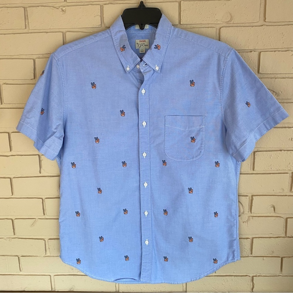 J Crew USA Peace Sign Embroidered Oxford Shirt sz Large Mens Classic All Cotton
